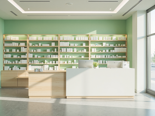 甘肃惠民堂药业连锁门店外景，现代化药店建筑，绿色招牌，门前有顾客排队购药