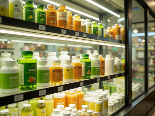 保健品专柜展示，各类维生素和营养品整齐陈列