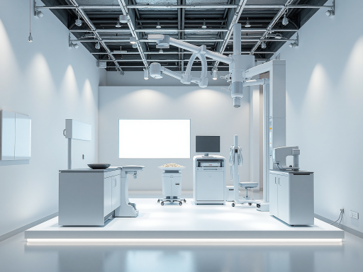 医疗器械展示区，血压计血糖仪等设备整齐摆放