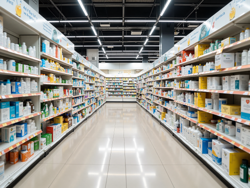 非处方药货架展示，各类药品分类摆放，顾客正在选购