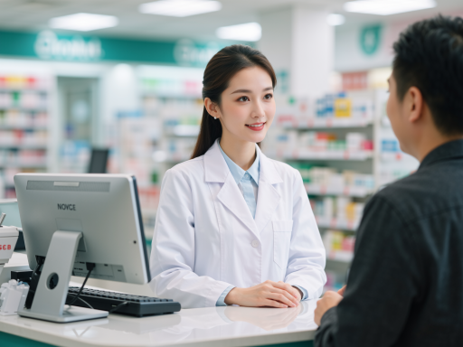 药师正在为顾客提供用药咨询服务，店内环境整洁