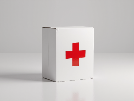 感冒药包装盒特写，白色药盒，红色标识，显示药品名称和成分