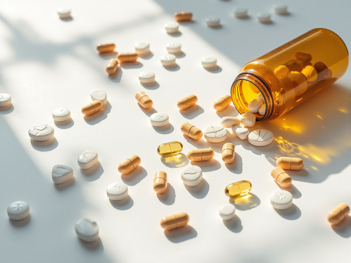 维生素C片瓶装正面图，透明玻璃瓶，白色胶囊状药片，标签显示维生素C含量